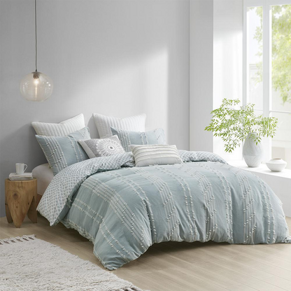 Start2Finish 3-piece cotton jacquard duvet cover set with intricate woven pattern, shown on a neatly made bed.