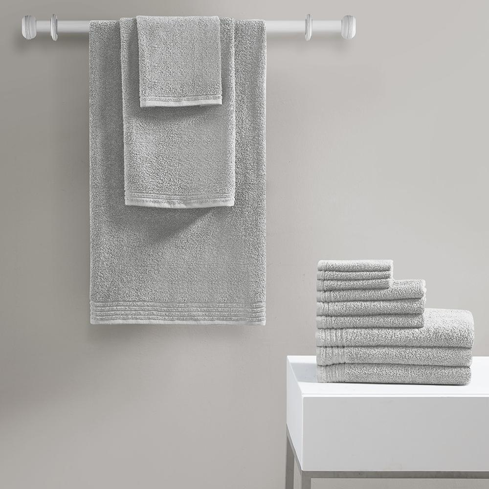 Start2Finish 12-piece 100% cotton quick dry bath towel set, showing soft, plush towels in neutral colors stacked neatly.