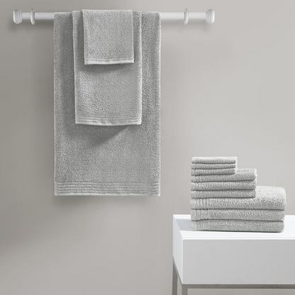 Start2Finish 12-piece 100% cotton quick dry bath towel set, showing soft, plush towels in neutral colors stacked neatly.