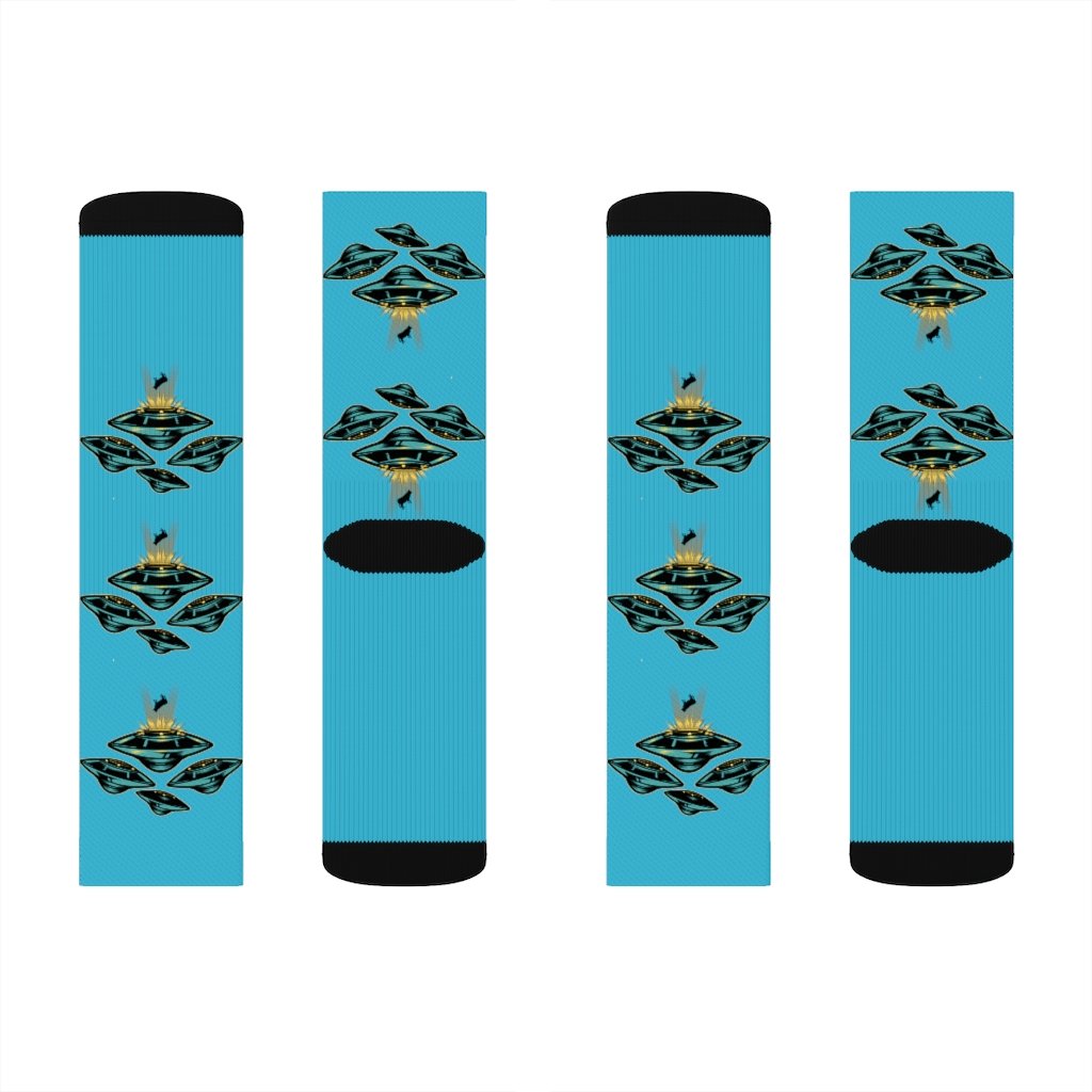 Yellow Pandora UFO Area 51 socks featuring alien and UFO designs, made of soft, comfortable fabric for casual wear.