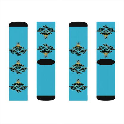 Yellow Pandora UFO Area 51 socks featuring alien and UFO designs, made of soft, comfortable fabric for casual wear.
