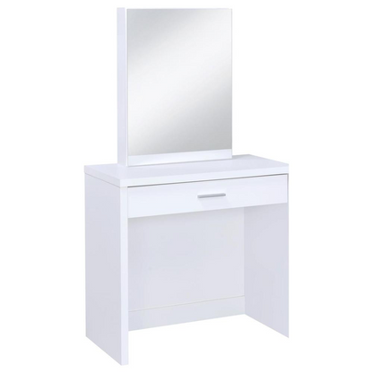 Start2Finish Harvey white vanity set with lift-top stool, featuring a sleek mirror and storage drawers for makeup and accessories.