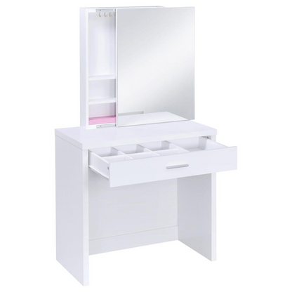 Start2Finish Harvey white vanity set with lift-top stool, featuring a sleek mirror and storage drawer for beauty essentials.
