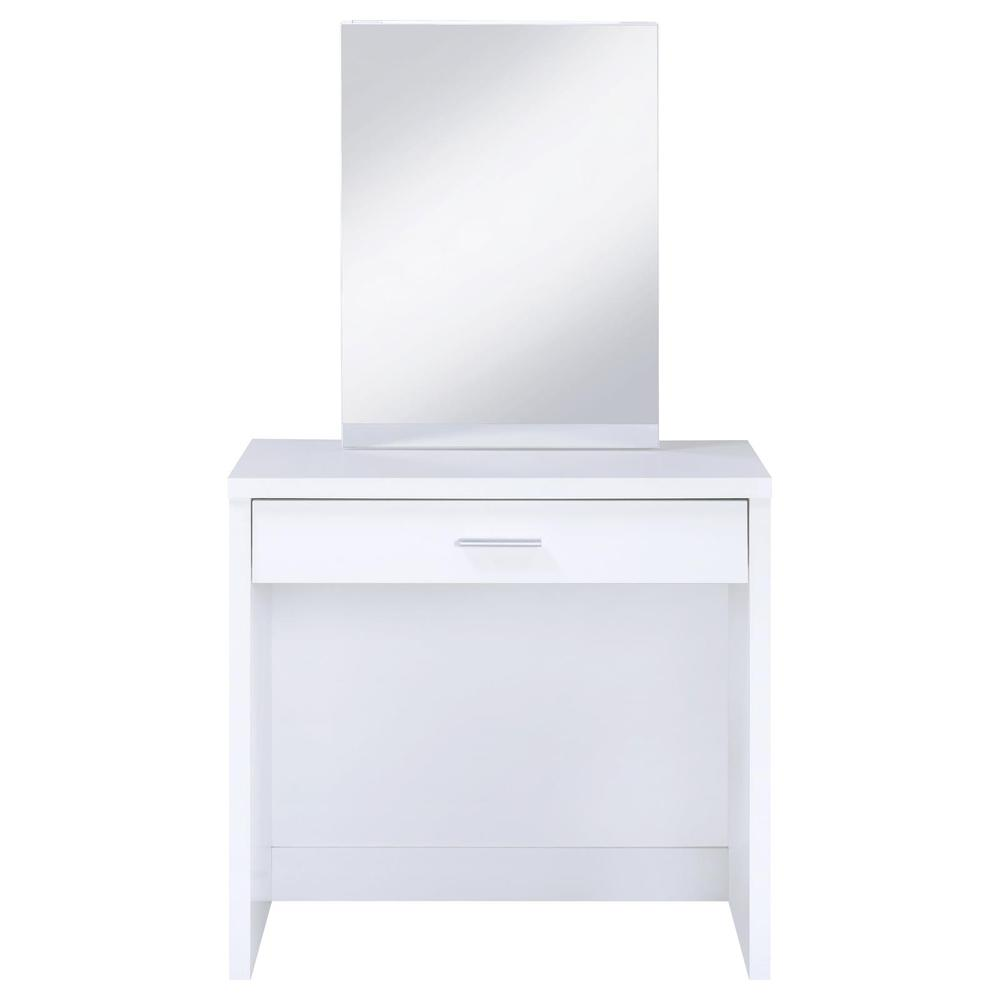 White Harvey vanity set with lift-top stool from Start2Finish, featuring a mirror and storage compartments.