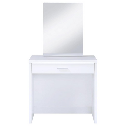 White Harvey vanity set with lift-top stool from Start2Finish, featuring a mirror and storage compartments.