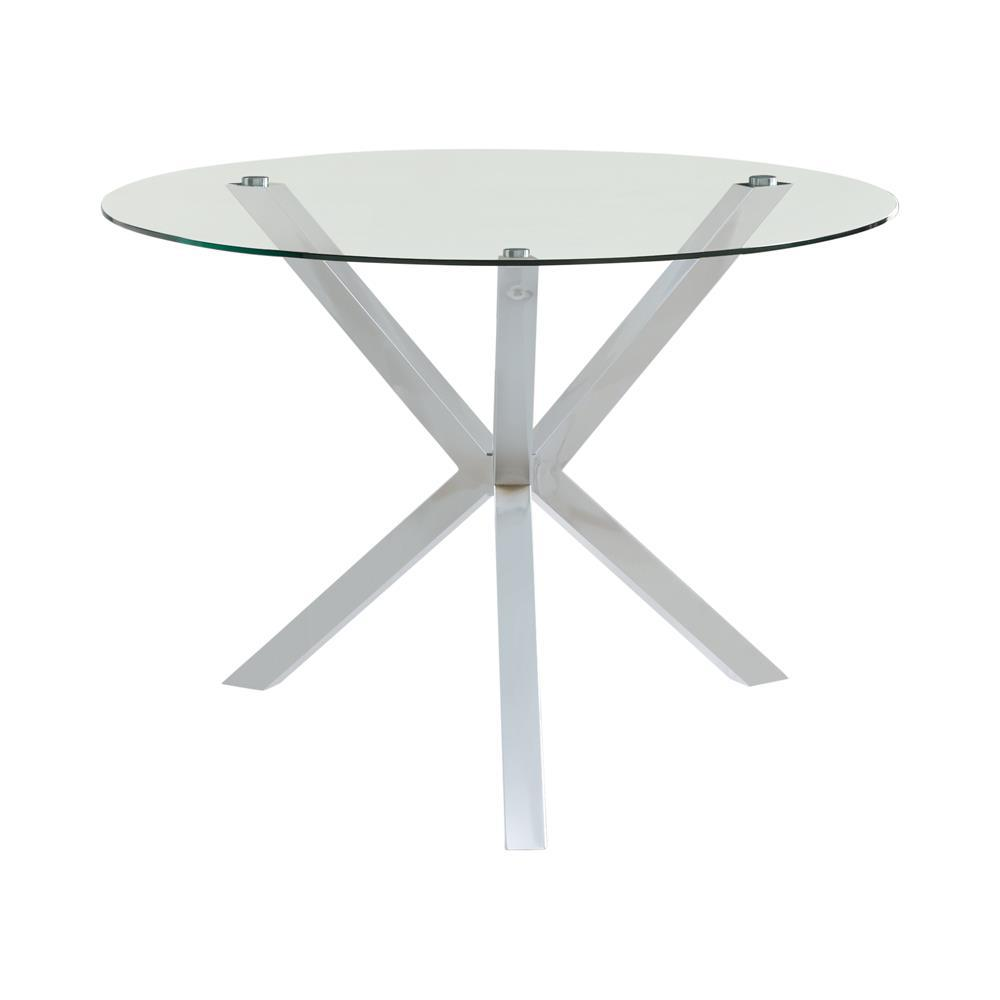 Start2Finish Vance 41-inch round glass top dining table with chrome Asterisk base, modern design, and sleek surface.