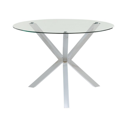 Start2Finish Vance 41-inch round glass top dining table with chrome Asterisk base, modern design, and sleek surface.