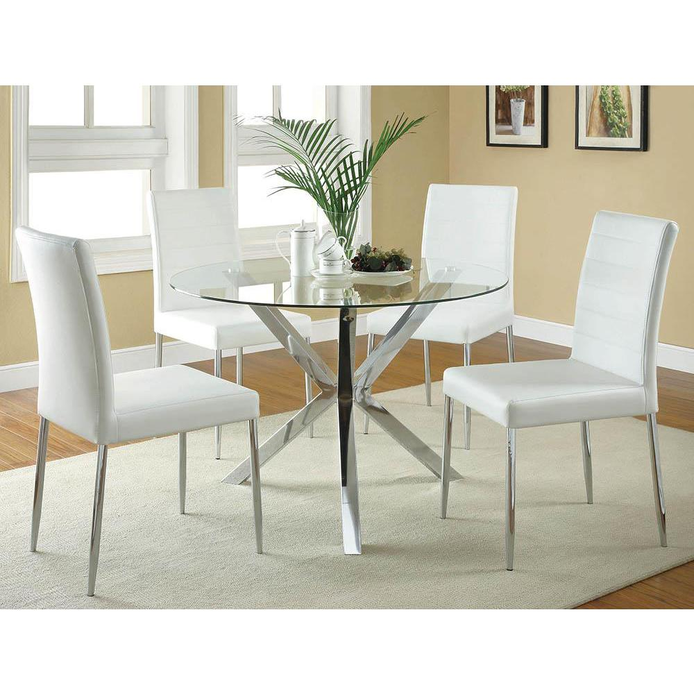 Start2Finish Vance 41-inch round glass top dining table with chrome Asterisk base, showcasing a modern, sleek design.