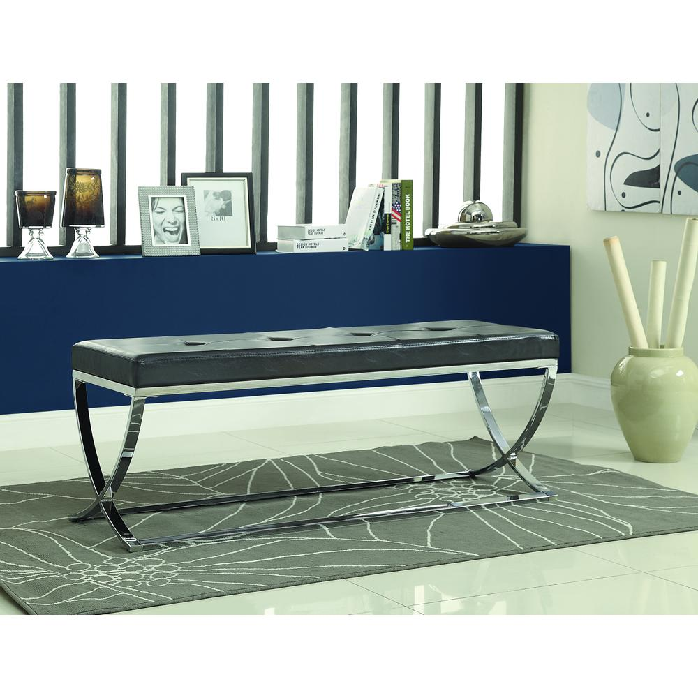 Black Walton leatherette upholstered tufted accent bench with wooden legs, showcasing a sleek and stylish design.