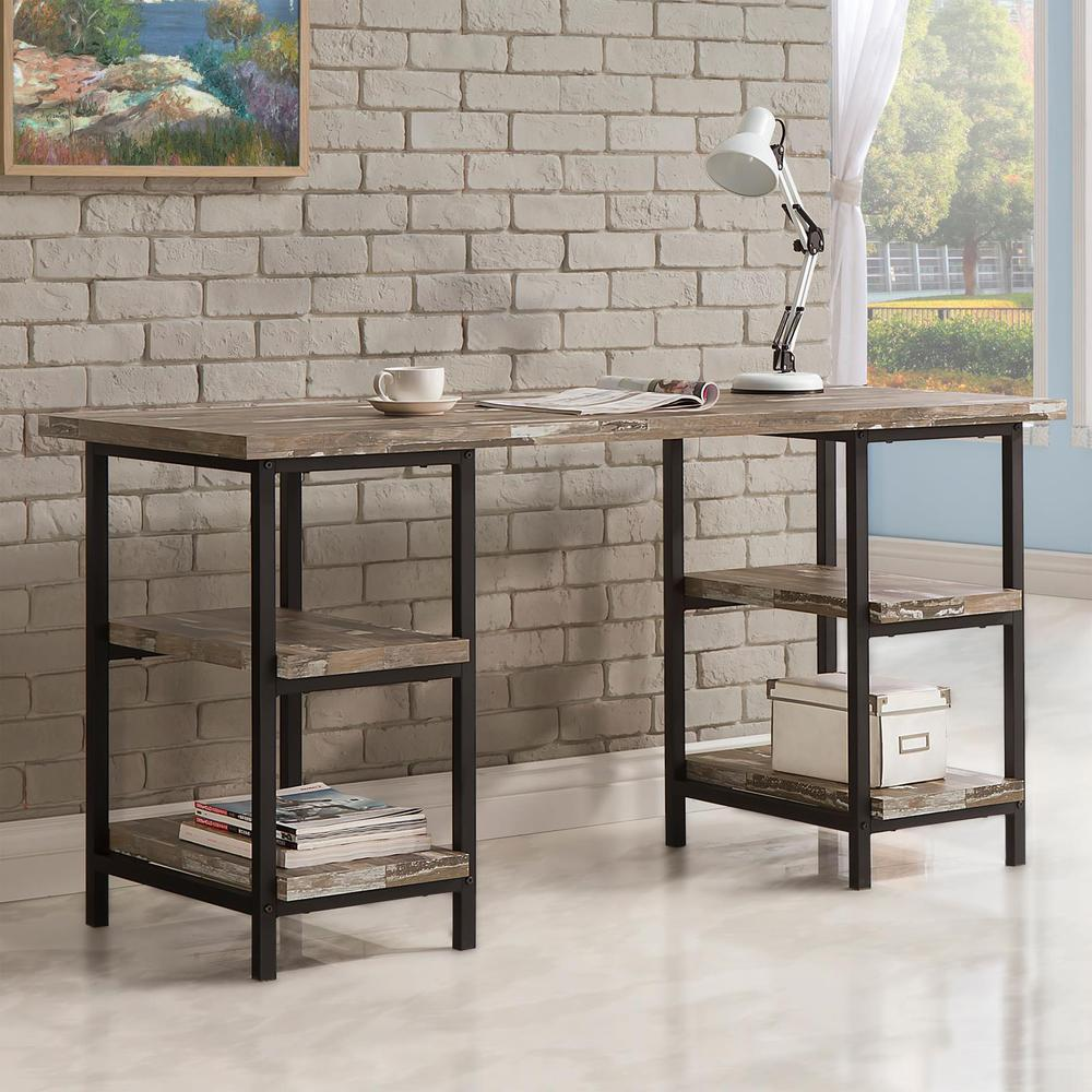 Kemper 59-inch weathered brown 4-shelf writing desk with spacious surface and open shelves for organization and workspace.