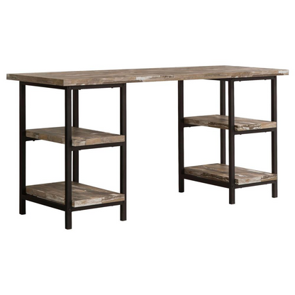Kemper 59-inch weathered brown writing desk with four shelves, made by Start2Finish, featuring a rustic wood finish and spacious workspace.