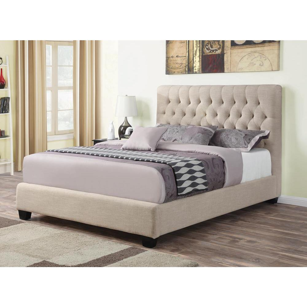 Chloe upholstered queen panel bed in oatmeal with a padded headboard and wooden frame, stylish and comfortable bedroom furniture.