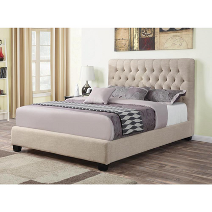 Chloe upholstered queen panel bed in oatmeal with a padded headboard and wooden frame, stylish and comfortable bedroom furniture.
