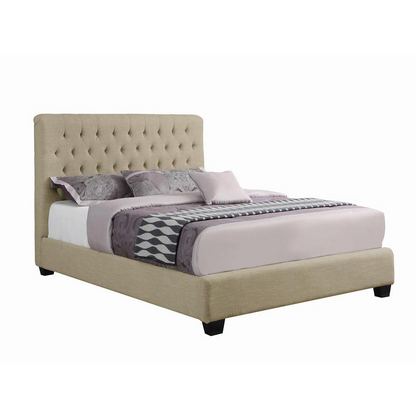 Start2Finish Chloe upholstered queen panel bed in oatmeal with padded headboard and sleek frame, showcasing elegant bedroom furniture.