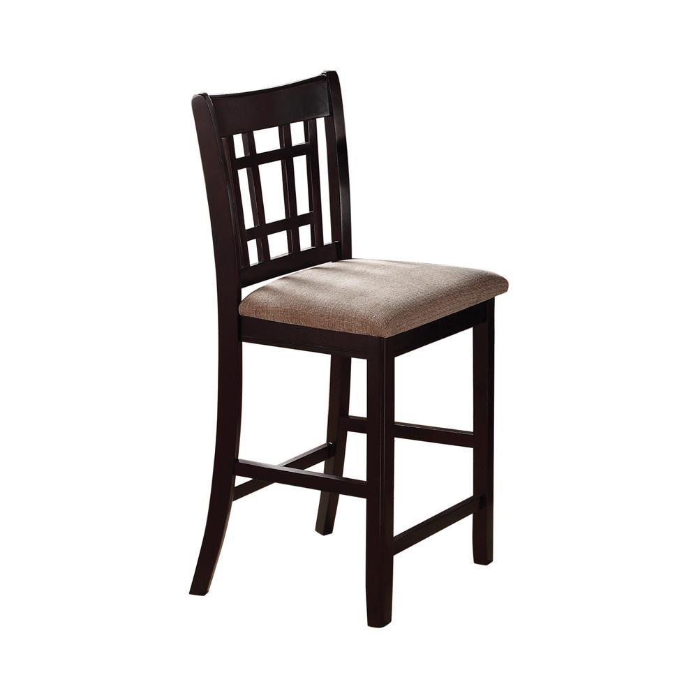 Set of two Lavon wood counter chairs by Start2Finish with tan and espresso finishes, featuring wooden legs and cushioned seats.