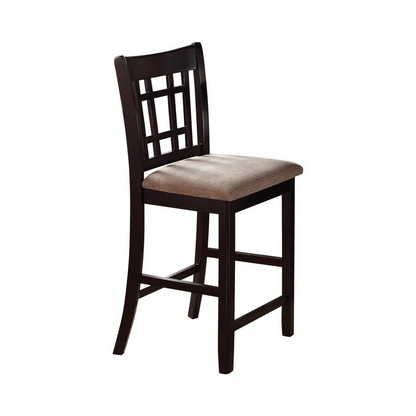 Set of two Lavon wood counter chairs by Start2Finish with tan and espresso finishes, featuring wooden legs and cushioned seats.