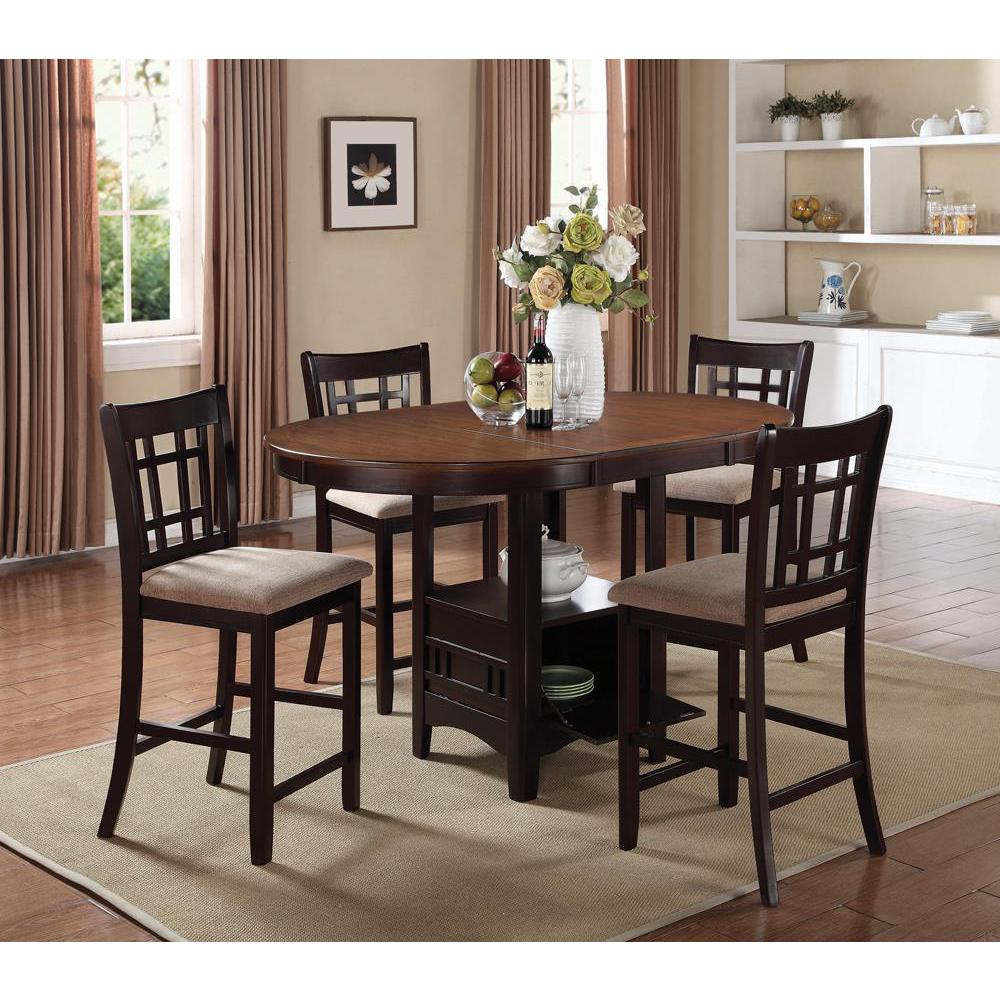 Pair of Lavon Wood Counter Chairs by Start2Finish in tan and espresso finish, showcasing sleek wooden design and sturdy construction.