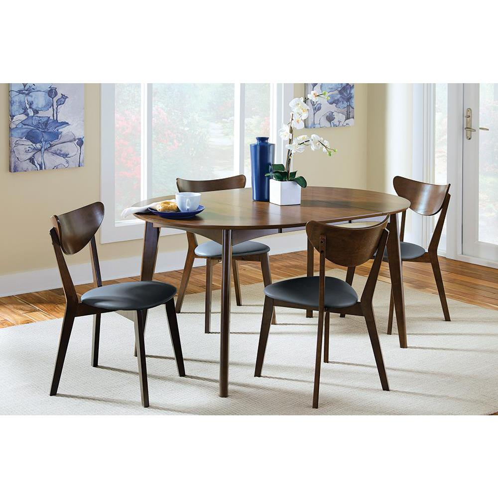 Pair of Jedda Wood Dining Side Chairs by Start2Finish in dark walnut finish, featuring sleek wooden legs and curved backrests.
