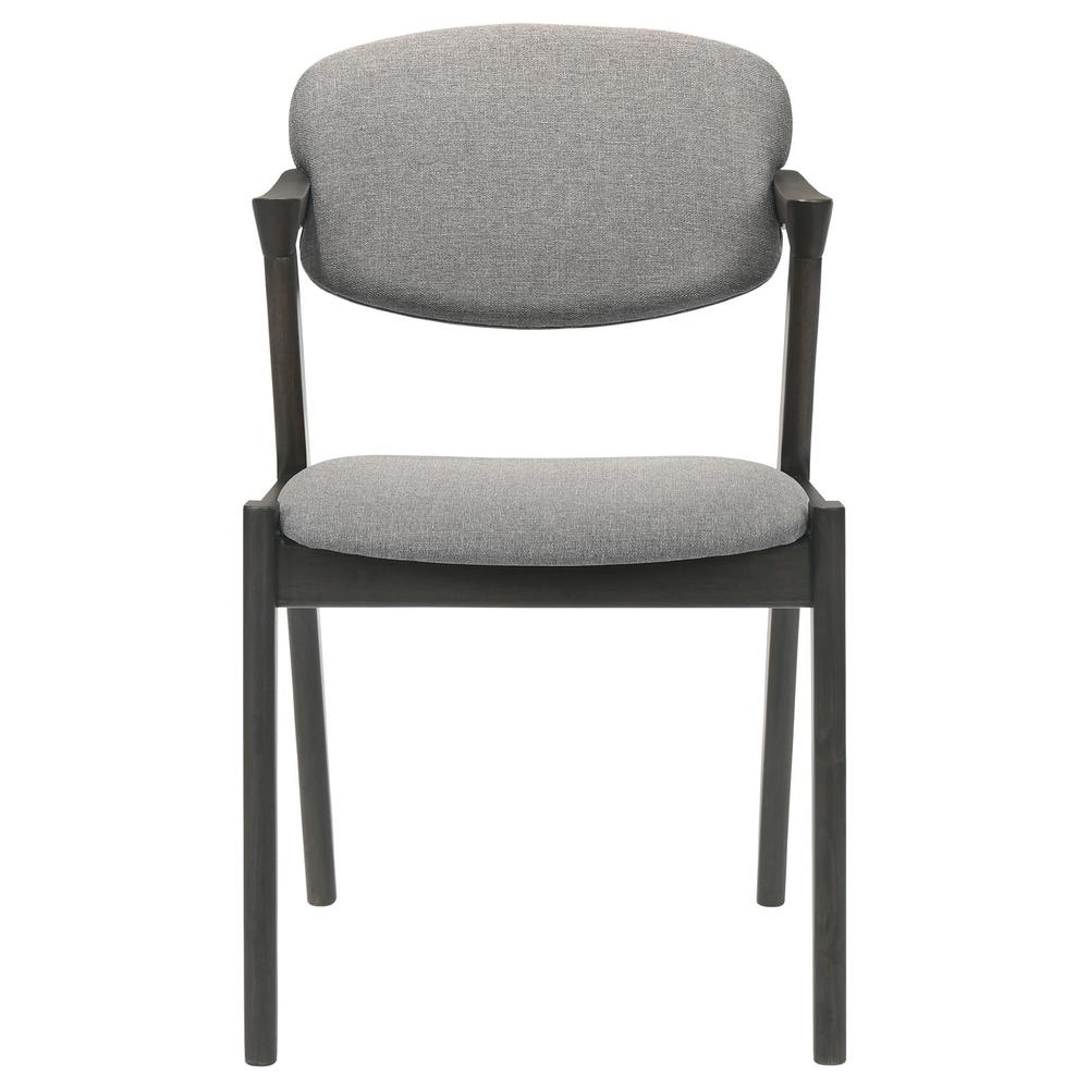 Set of two black Stevie padded wood dining arm chairs by Start2Finish with cushioned seats and armrests.