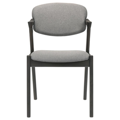 Set of two black Stevie padded wood dining arm chairs by Start2Finish with cushioned seats and armrests.