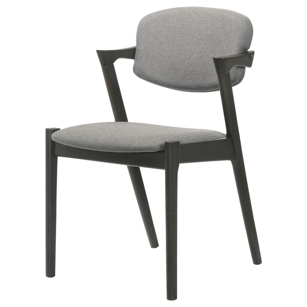 Set of two Start2Finish Stevie padded wood dining arm chairs in black with cushioned seats and wooden frames.