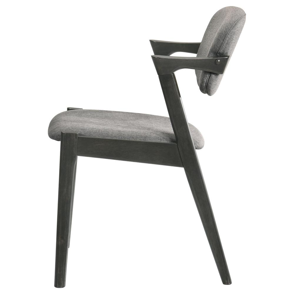 Set of two black Stevie padded wood dining arm chairs by Start2Finish, featuring cushioned seats and wooden armrests.