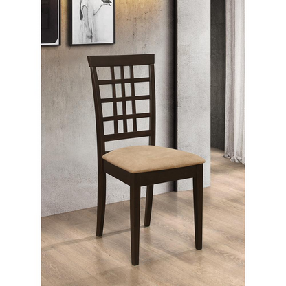 Set of two Kelso lattice back dining side chairs in cappuccino finish with wooden legs, stylish and comfortable for dining rooms.
