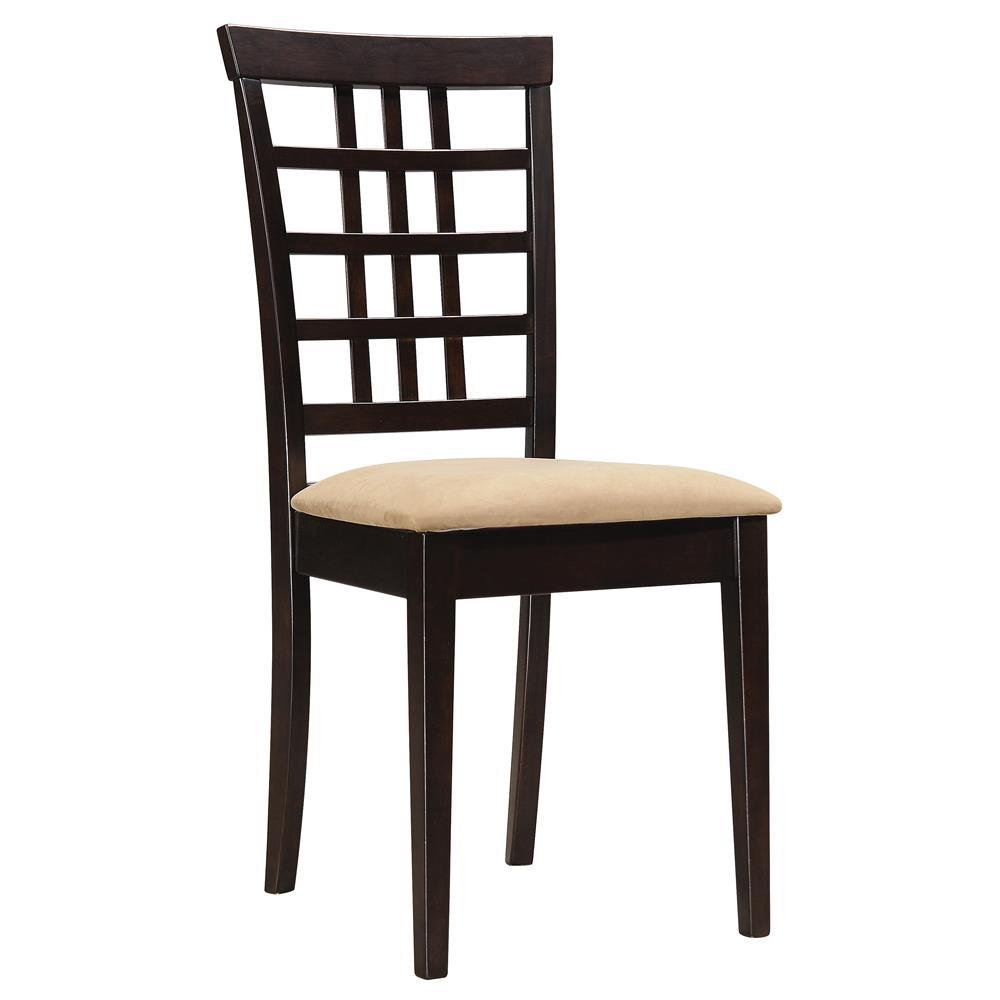 Pair of Start2Finish Kelso lattice-back dining side chairs in cappuccino finish, featuring wooden frames and lattice-patterned backs.