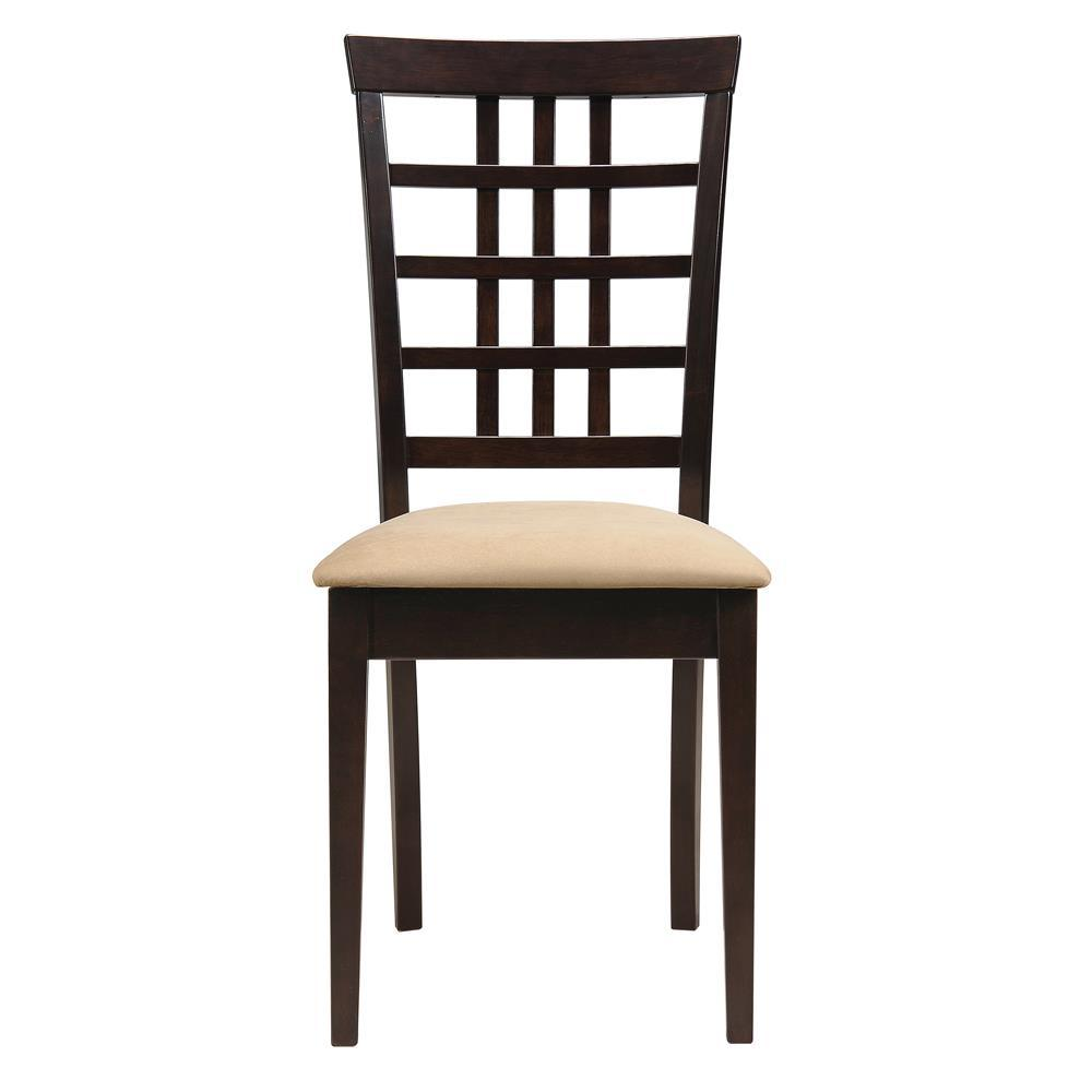 Set of two Start2Finish Kelso lattice back dining side chairs in cappuccino finish with wooden legs and lattice design on the backrest.