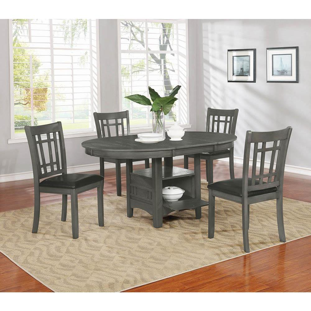 Set of two Lavon Wood Dining Side Chairs by Start2Finish with medium grey upholstery and wooden legs, designed for dining rooms.