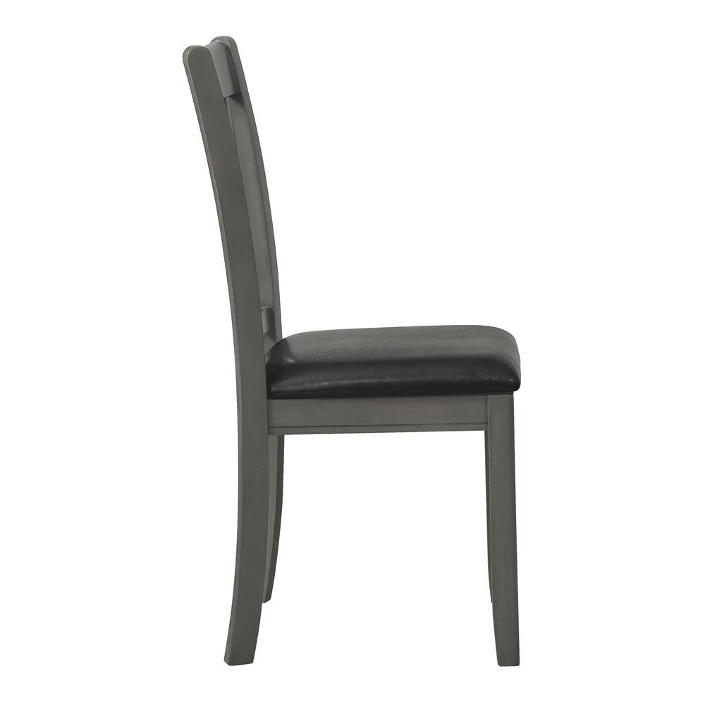 Set of two Lavon Wood Dining Side Chairs by Start2Finish in medium grey with wooden legs, showcasing modern design and cushioned seats.