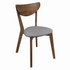 Set of two Alfredo dining side chairs by Start2Finish in grey and natural walnut with curved backs and wooden legs.