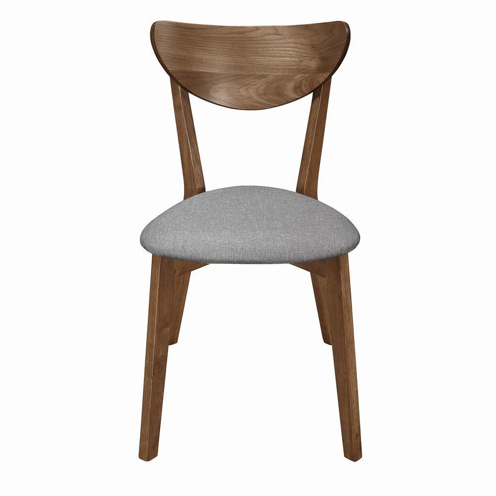 Set of 2 Alfredo dining side chairs by Start2Finish with grey fabric seats and natural walnut wood legs.