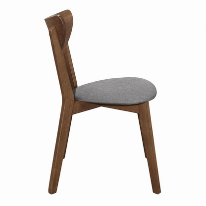 Set of 2 Alfredo dining side chairs by Start2Finish in grey and natural walnut with sleek, modern design and wooden legs.