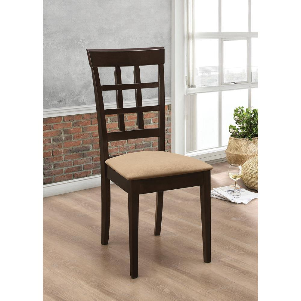 Set of two Gabriel lattice back dining side chairs in cappuccino finish with wooden legs and woven backrest.