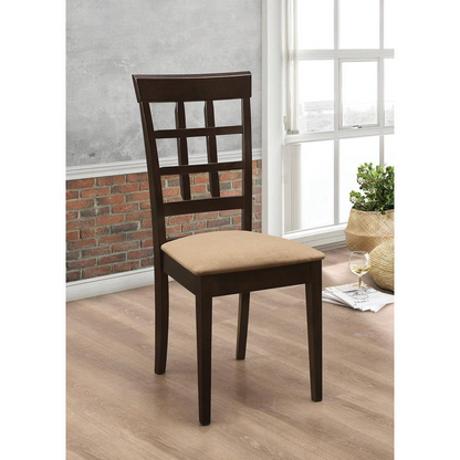 Set of two Gabriel lattice back dining side chairs in cappuccino finish with wooden legs and woven backrest.