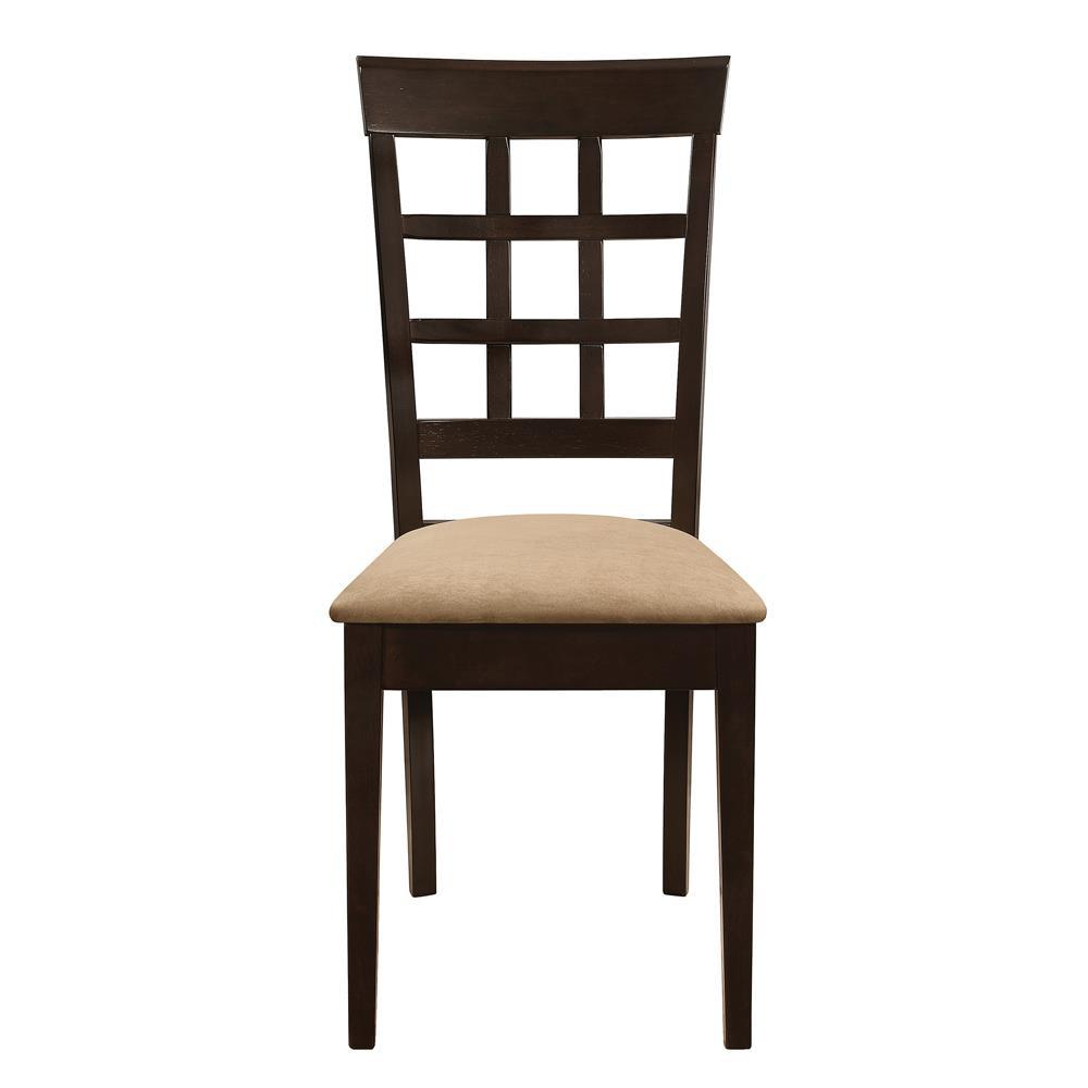 Set of two Gabriel lattice back dining side chairs in cappuccino finish by Start2Finish, showcasing wooden frames and comfortable seats.