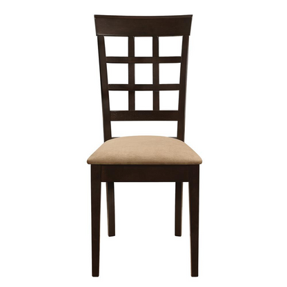 Set of two Gabriel lattice back dining side chairs in cappuccino finish by Start2Finish, showcasing wooden frames and comfortable seats.