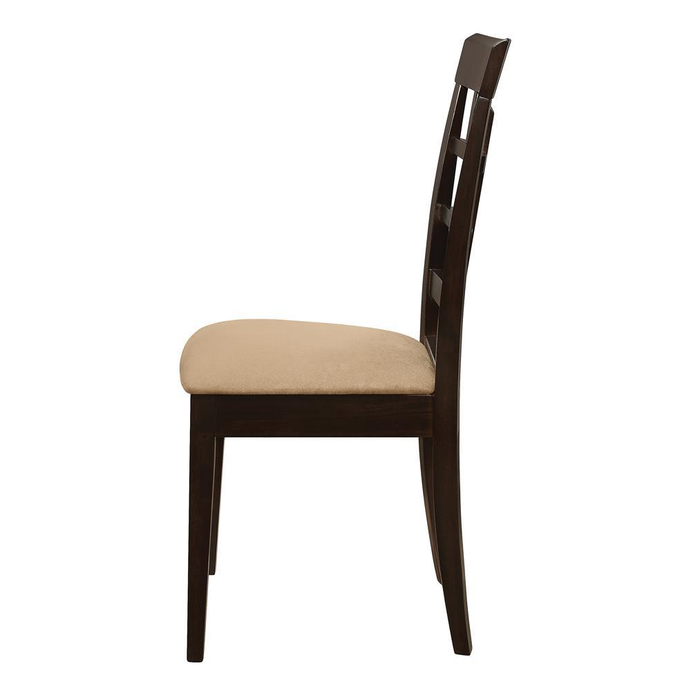 Pair of Gabriel lattice back dining side chairs by Start2Finish with cappuccino finish and wooden lattice back design.