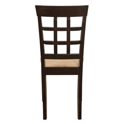 Pair of Gabriel lattice back dining side chairs in cappuccino finish, with wooden frames and cushioned seats.
