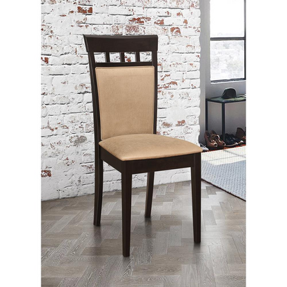 Set of two Gabriel closed back dining side chairs by Start2Finish in cappuccino finish, featuring cushioned seats and dark wood legs.