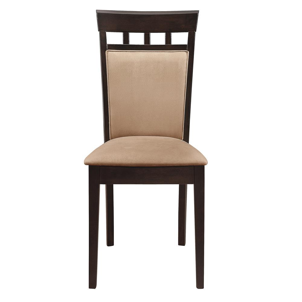 Set of two Start2Finish Gabriel closed back dining side chairs in cappuccino finish, with cushioned seats and wooden legs.