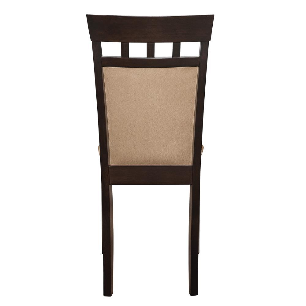 Pair of Start2Finish Gabriel closed back dining side chairs in cappuccino finish, featuring cushioned seats and wooden legs.