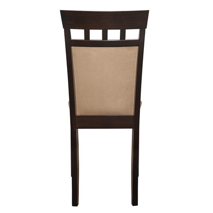 Pair of Start2Finish Gabriel closed back dining side chairs in cappuccino finish, featuring cushioned seats and wooden legs.