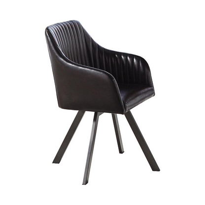 Black Arika leatherette upholstered swivel dining arm chair with modern design and padded armrests.