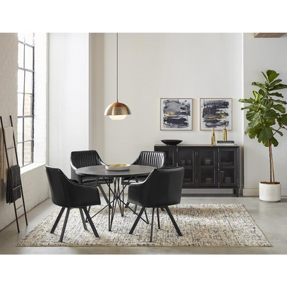 Black Arika leatherette upholstered swivel dining arm chair with modern design and armrests.