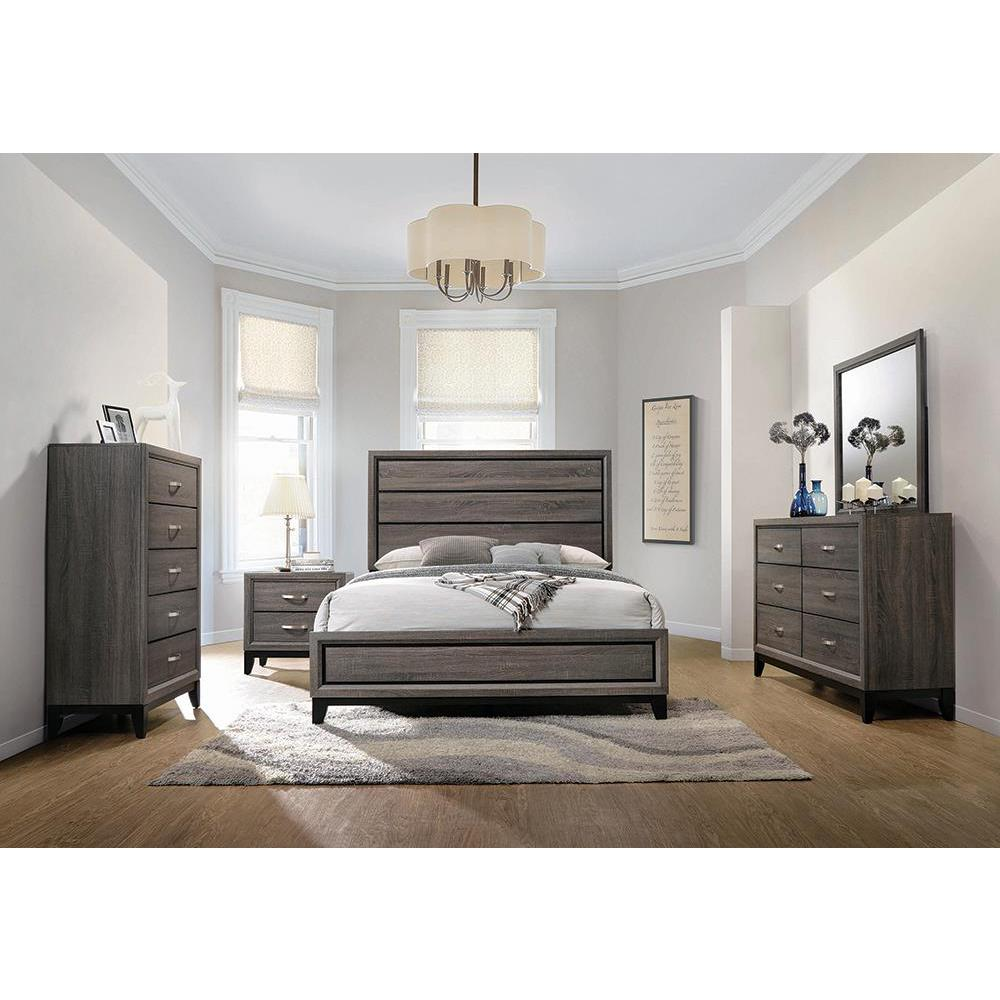 Watson 4-piece queen bedroom set in grey oak finish, including bed frame, nightstands, and dresser from Start2Finish.