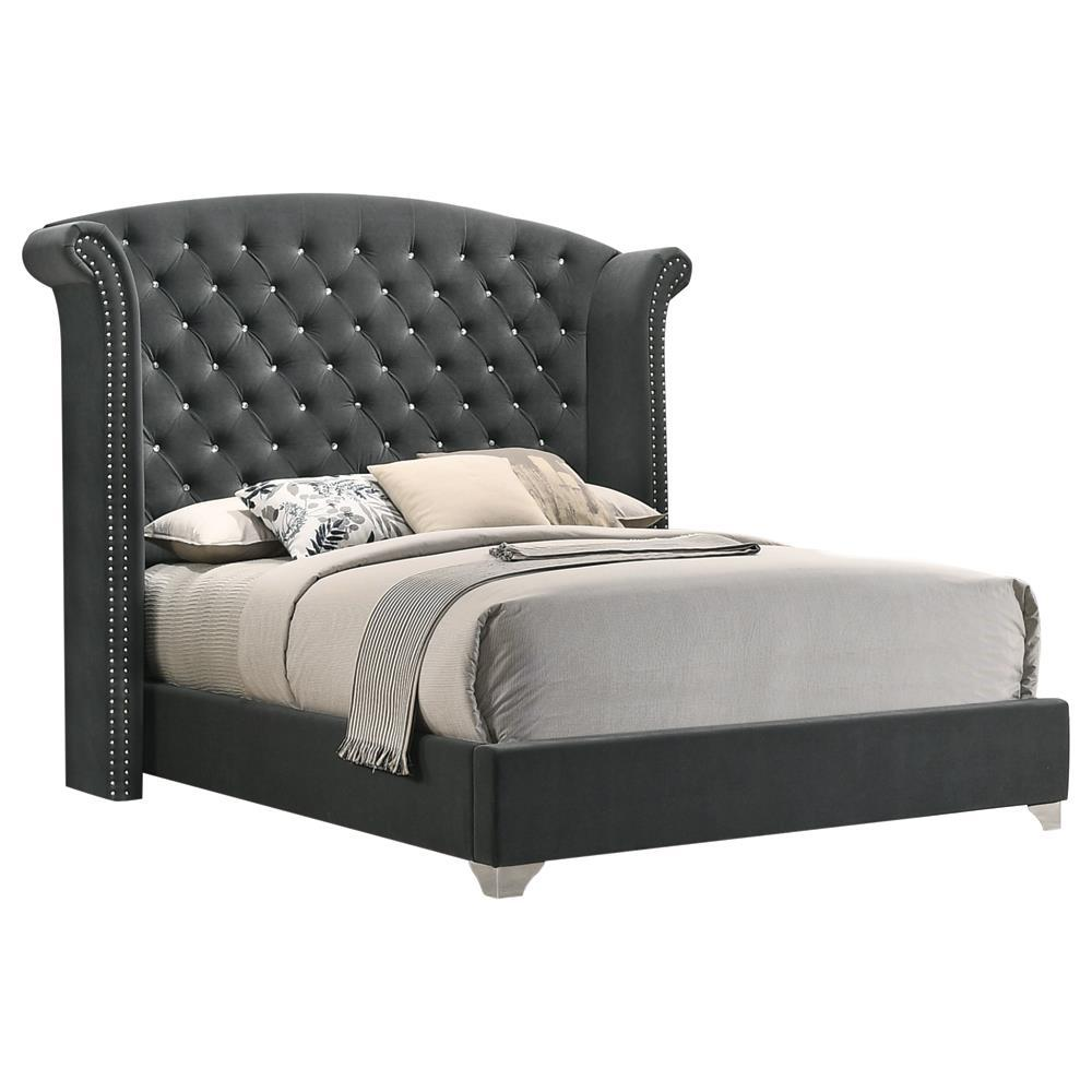 Grey Melody upholstered queen wingback bed with tufted headboard and wooden legs, designed for a stylish bedroom setting.