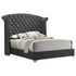 Grey Melody upholstered queen wingback bed with tufted headboard and wooden legs, designed for a stylish bedroom setting.