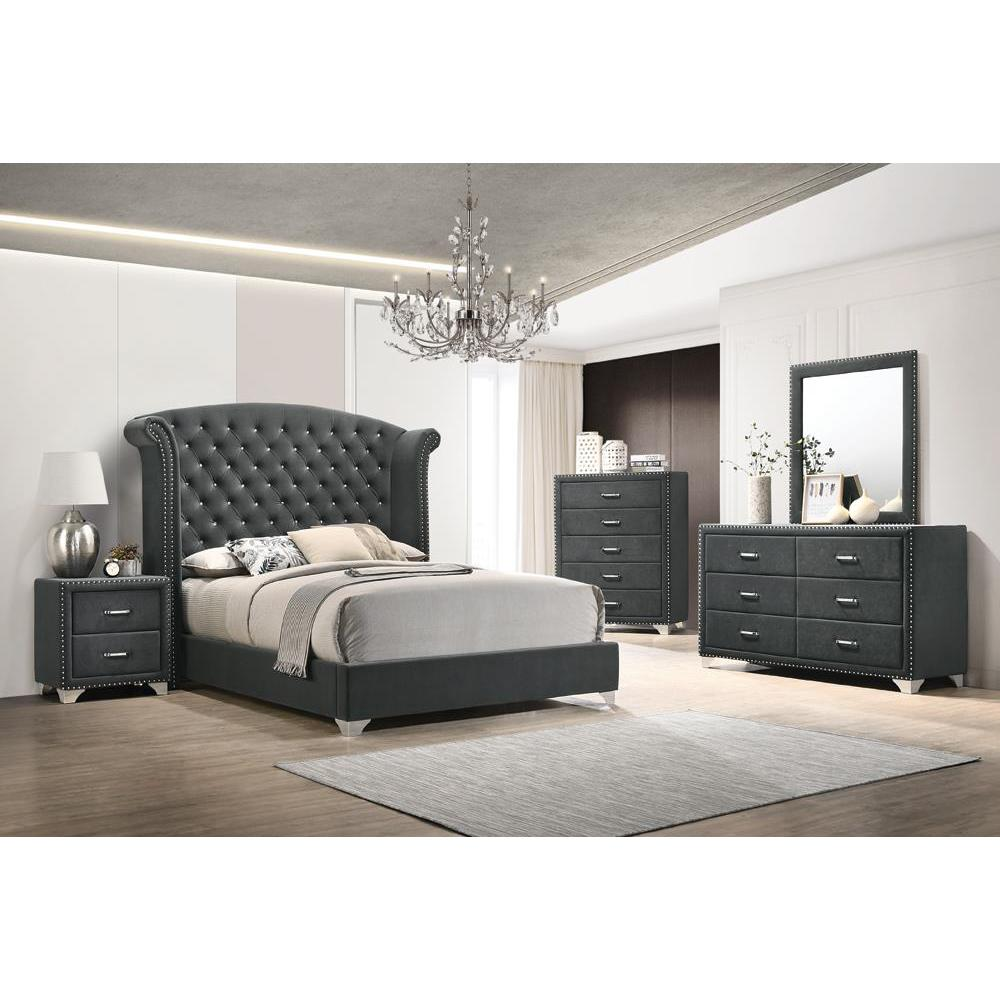 Grey Melody upholstered queen wingback bed by Start2Finish with plush headboard and elegant winged sides.